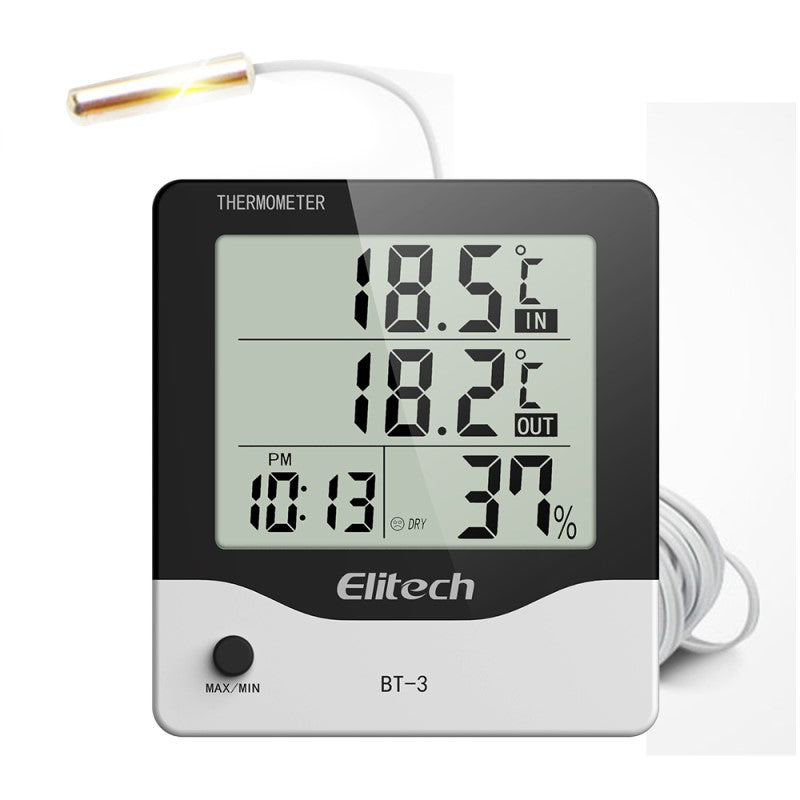 Elitech BT-3 LCD Indoor/Outdoor Digital Hygrometer Thermometer Humidity Monitor Room Temperature and Humidity Monitor with Clock and Min/Max Value