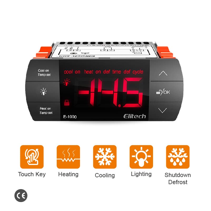 Elitech E-1000 Temperature Controller Thermostat, Automatic Switch Cooling and Heating, with Lighting Output, Touch Key, With NTC Temperature Probe Sensor