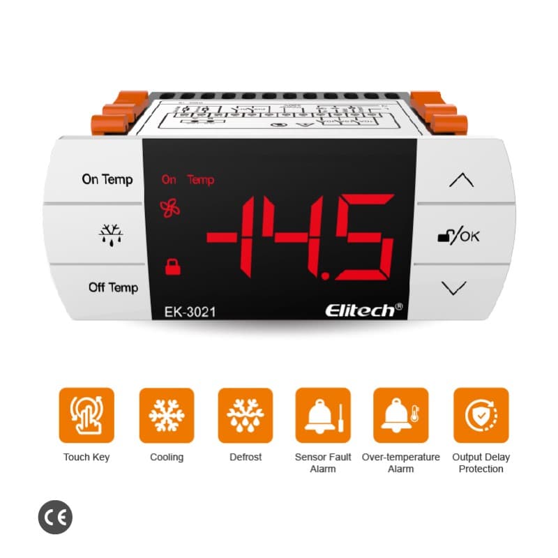 Elitech EK-3021 Two-way Output Digital Temperature Controller Refrigeration System with Defrost Mode, With Temperatue Sensor and Evaporator Defrost Sensor, Touch-Key