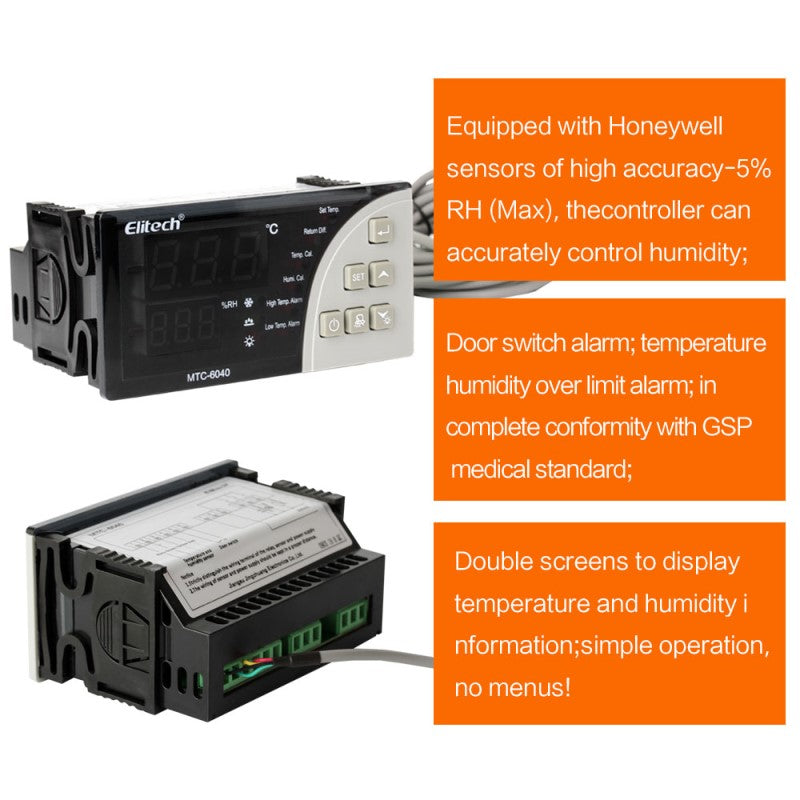 Elitech MTC-6040 Temperature and Humidity Controller with Cooling, Fan, Humidity/ Lighting/ Alarm Control Output, with Temperature Probe Sensor and Humidity Probe Sensor