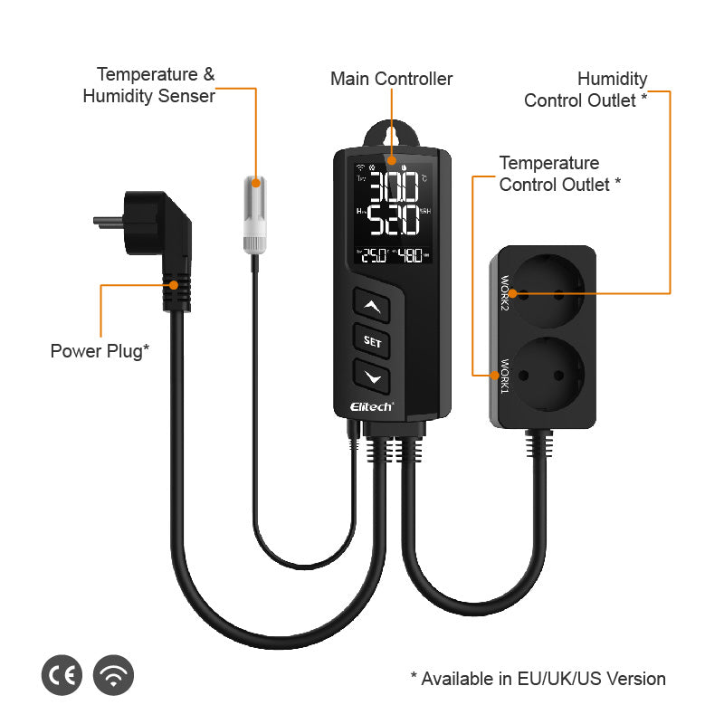 Elitech STC-1000WiFi TH Intelligent Temperature and Humidity Controller, Prewired - Just Plug and Play, WiFi Wireless Remote Control, Wall-mounted, Temperature and Humidity Integrated Probe Sensor