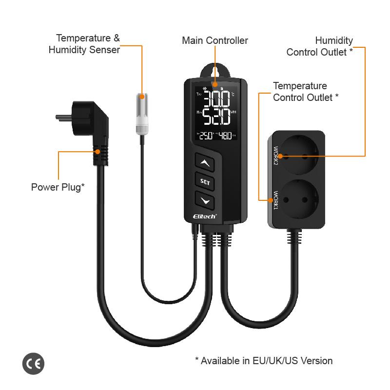 Elitech STC-1000Pro TH Temperature and Humidity Controller, Prewired - Just Plug and Play, Wall-mounted, Temperature and Humidity Integrated Probe Sensor