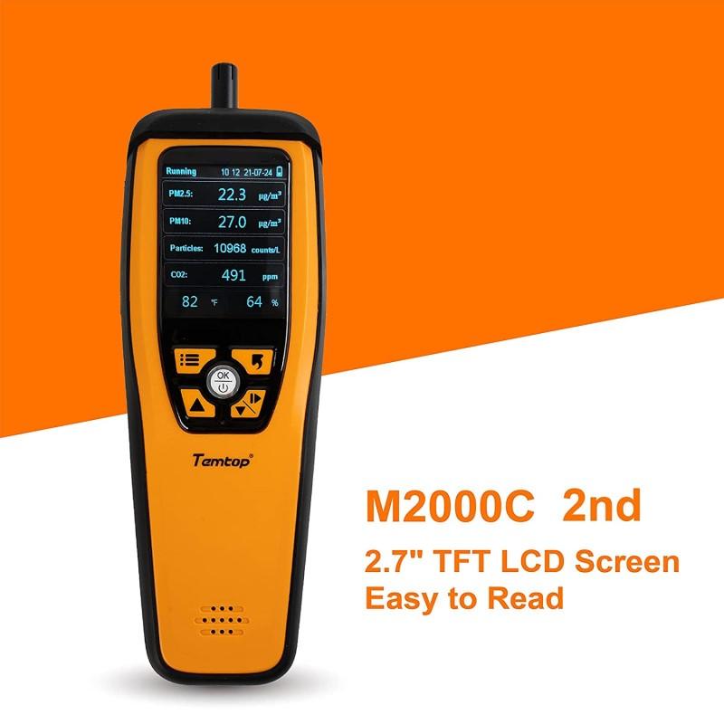Temtop M2000C 2nd Air Quality Monitor for CO2 PM2.5 PM10 Particles Detector Temperature Humidity Display Audio Alarm Recording Curve, Data Export