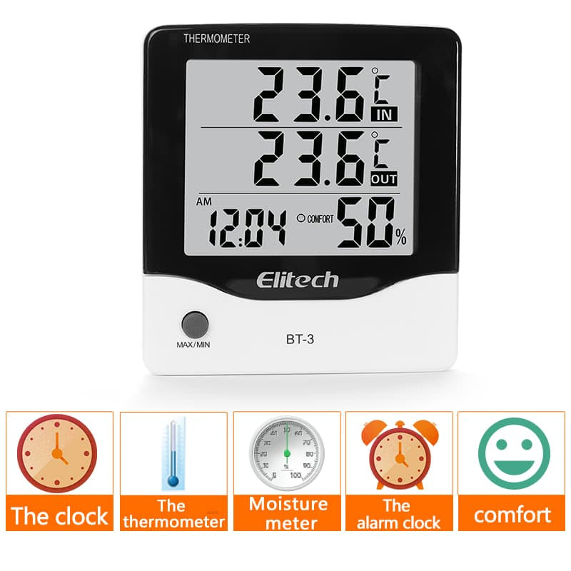 Elitech BT-3 LCD Indoor/Outdoor Digital Hygrometer Thermometer Humidity Monitor Room Temperature and Humidity Monitor with Clock and Min/Max Value