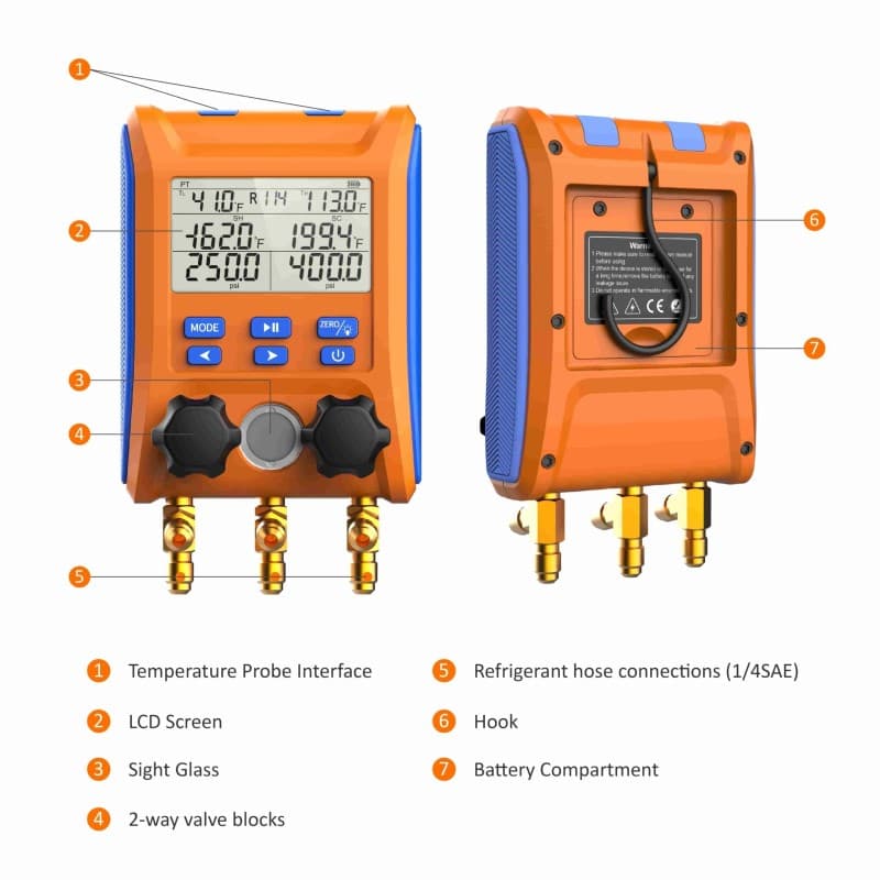 Elitech LMG-10 Refrigeration Digital Manifold Gauge Set, High-Precision Pressure Temperature Vacuum Leakage Tester Dignostic Meter Kit for HVAC System Testing Maintaining Air-Conditioner, Refrigerator