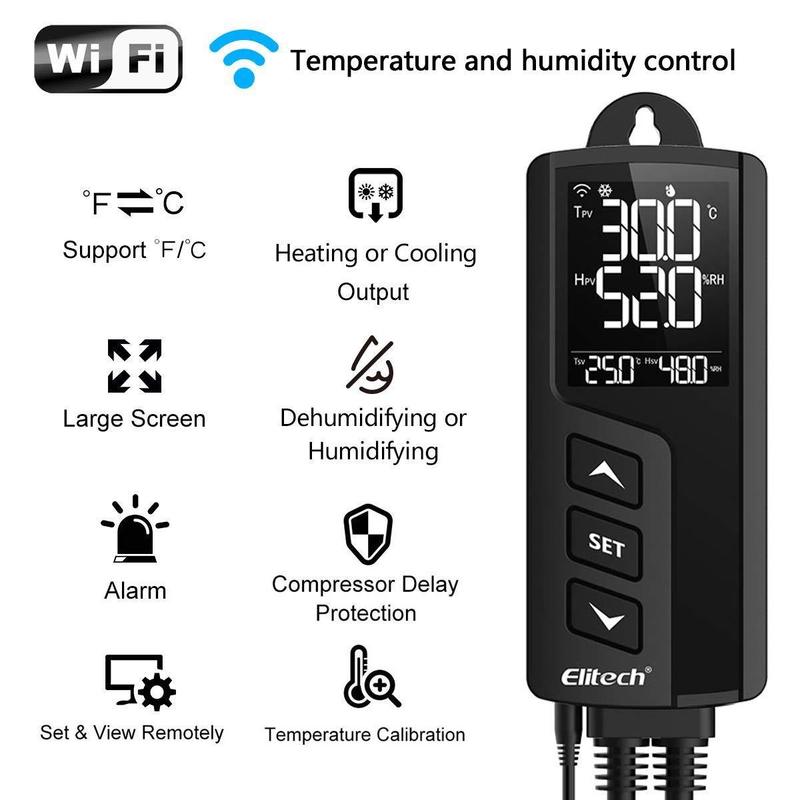 Elitech STC-1000WiFi TH Intelligent Temperature and Humidity Controller, Prewired - Just Plug and Play, WiFi Wireless Remote Control, Wall-mounted, Temperature and Humidity Integrated Probe Sensor