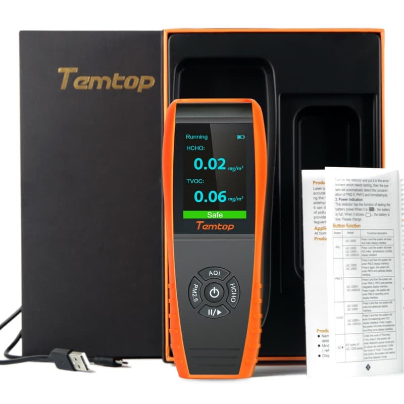 Temtop LKC-1000S+ Air Quality Monitor Air Pollution Tester for Indoor and outdoor with PM2.5 PM10 HCHO AQI Particles VOCs Humidity and Temperature