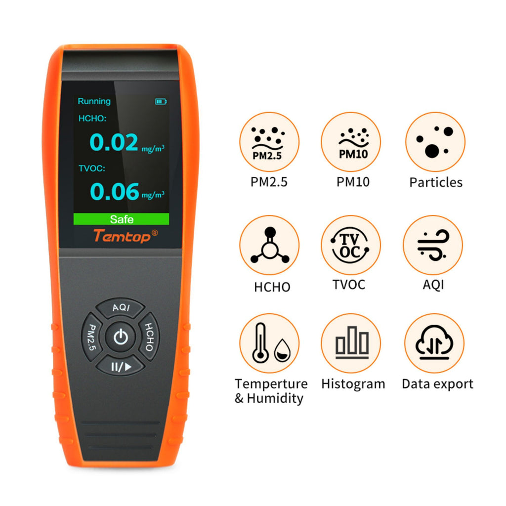 Temtop LKC-1000S+ 2nd Air Quality Monitor, Date Dxport PM2.5 PM10 HCHO AQI Particles VOCs Humidity and Temperature